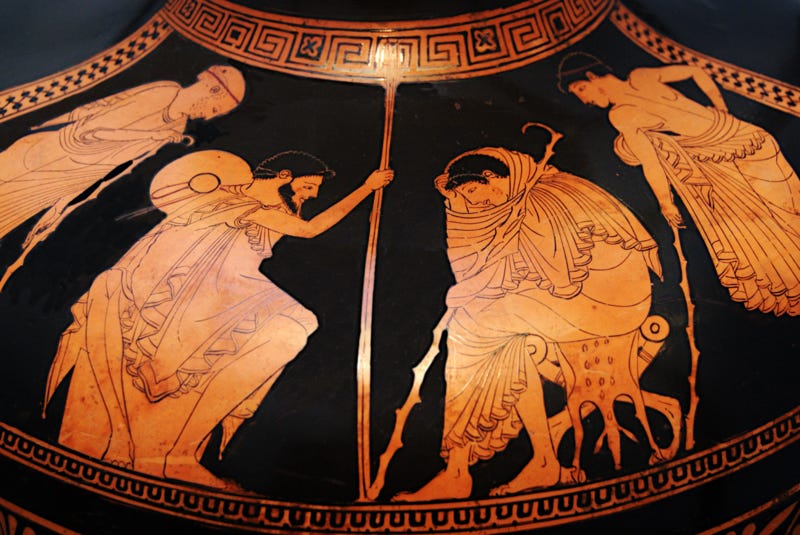  The embassy to Achilles (book 9 of the Iliad): Phoenix and Odysseus in front of Achilles Patroklos behind Achilles. Attic red-figure hydria