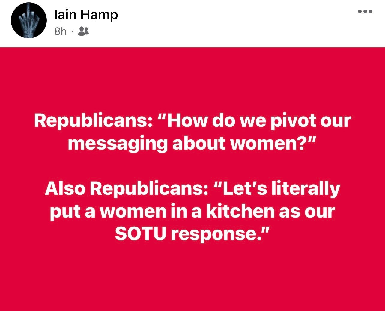 Tweet from Iain Hamp about putting a GOP woman in a kitchen for the SOTU response in 2024