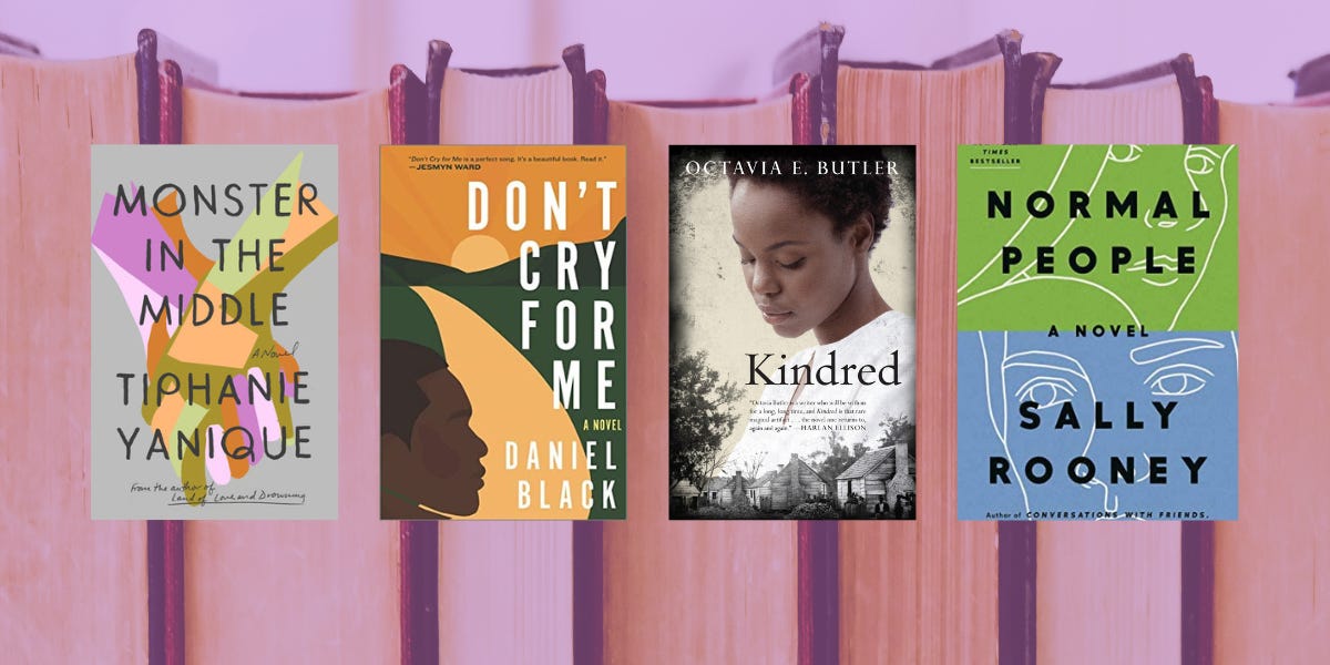 Collage of book covers over a purple tinted background of books: Monster in the Middle by Tiphanie Yanique, Don't Cry for Me by Daniel Black, Kindred by Octavia Butler, and Normal People by Sally Rooney