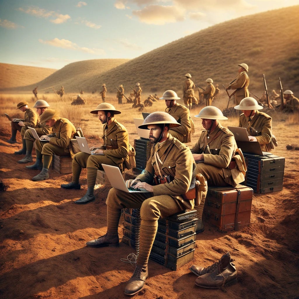 A unique scene unfolds as British soldiers from the Boer War era, dressed in their khaki uniforms complete with pith helmets, are juxtaposed against the anachronism of modern technology. Seated and standing in a rugged, dusty battlefield setting, reminiscent of the South African veld, these soldiers are intently focused on laptops. The laptops, appearing sleek and contemporary, stand in stark contrast to the historical military gear and the timeless landscape around them. This surreal blend of time periods highlights the soldiers’ adaptability, merging the old with the new in a seamless fashion. The scene is bathed in the soft, golden light of late afternoon, casting long shadows and adding a warm, almost nostalgic atmosphere to this imaginative tableau.