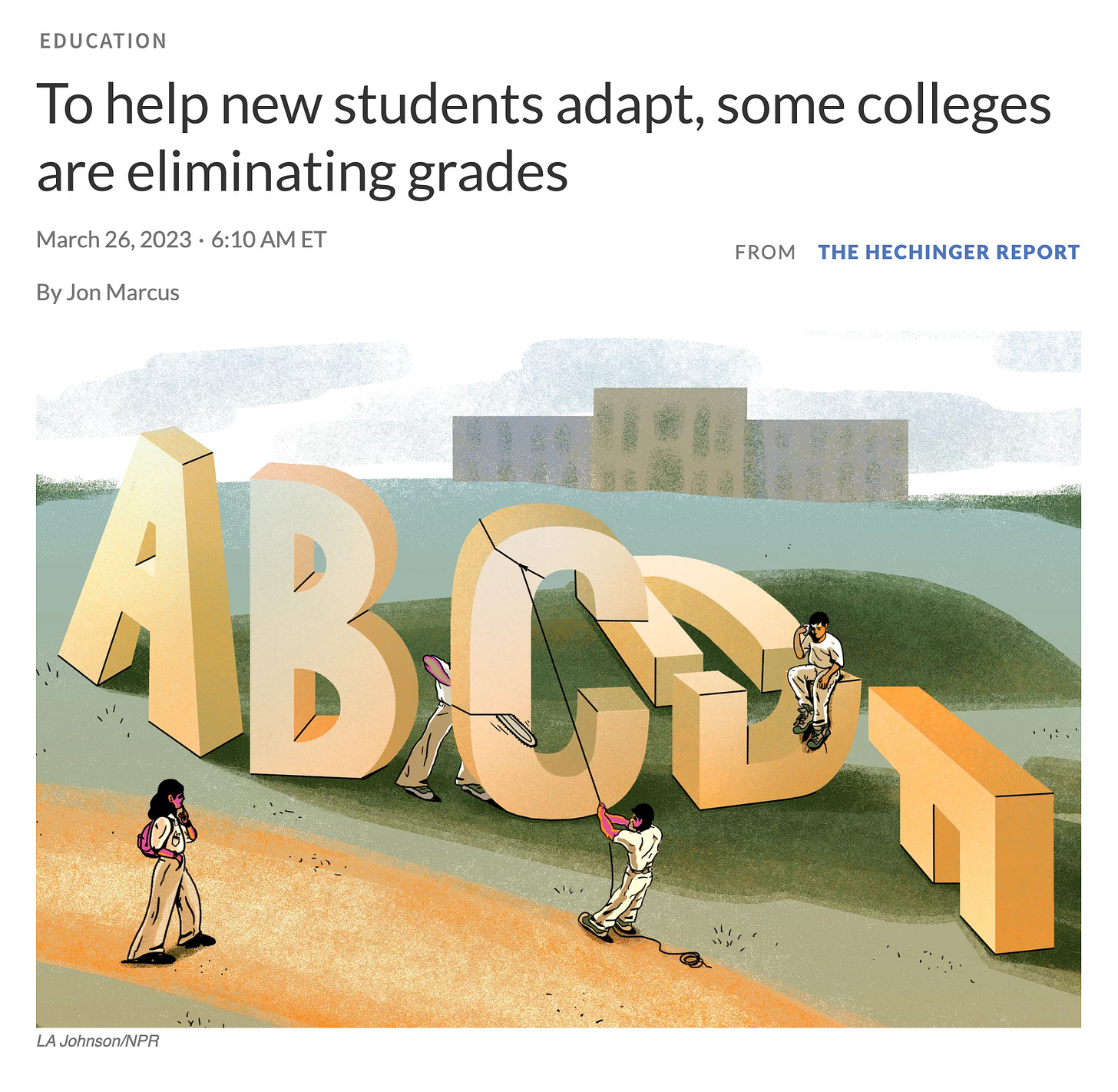 Screenshot of an NPR headline, "To help new students adapt some colleges are eliminating grades"