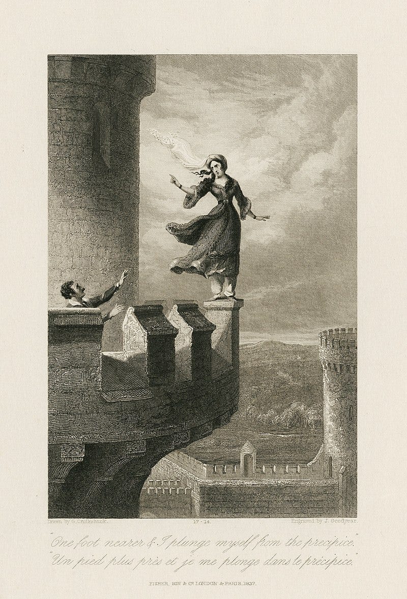 black and white, moody illustration of a distraught woman with blowing hair and dress balanced precariously on a parapet while a man reaches to stop her from jumping