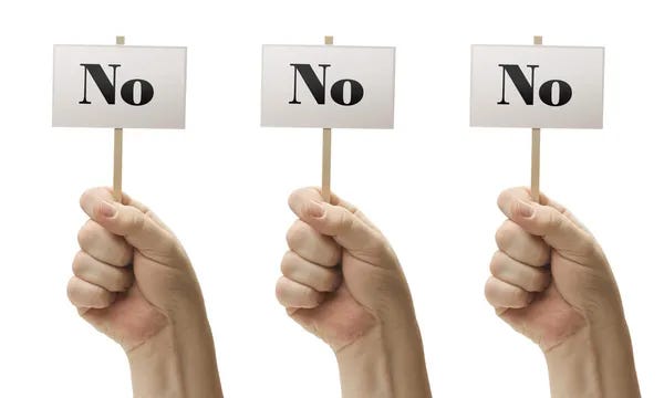 Three Signs In Fists Saying No, No and No — Stock Photo, Image