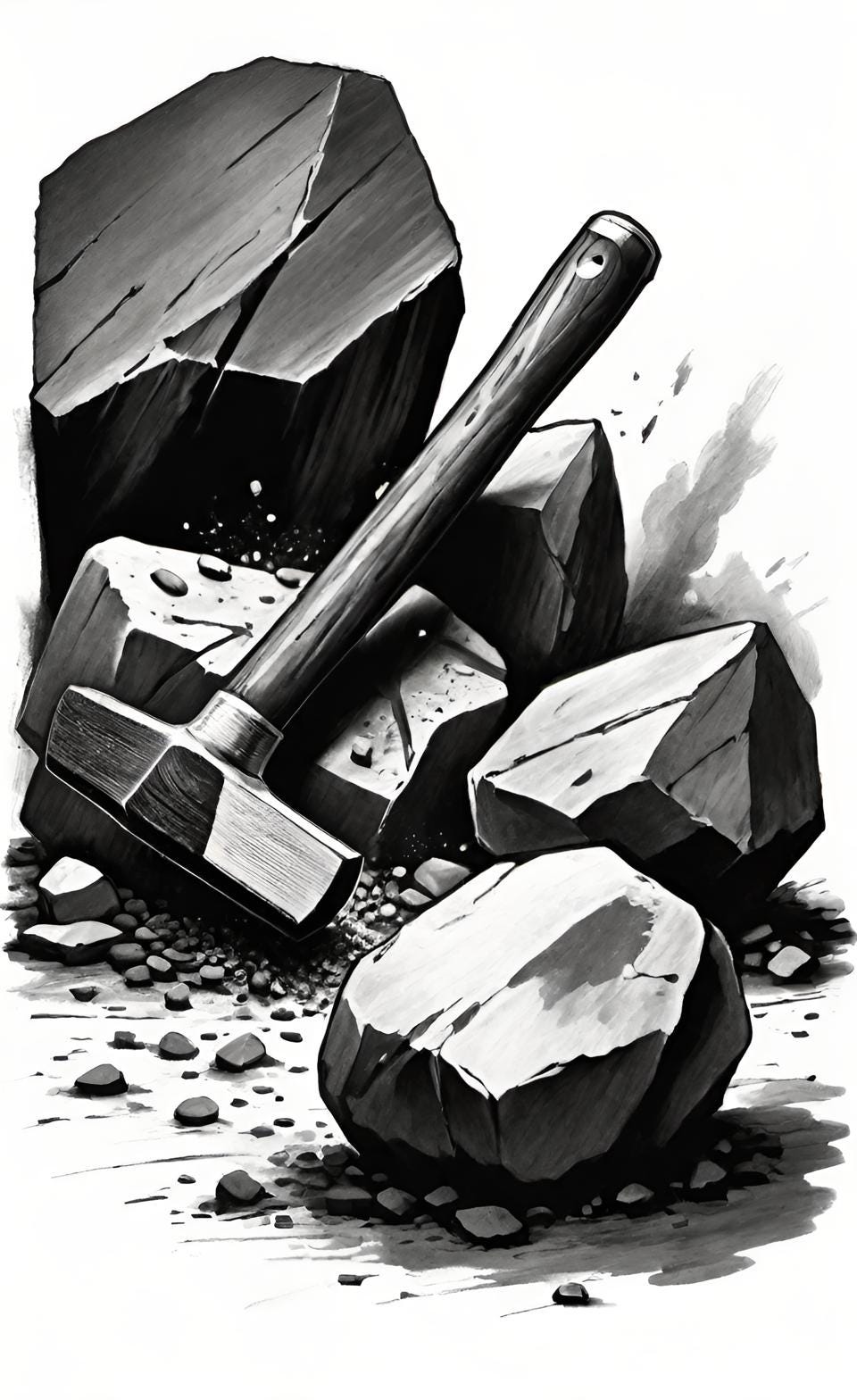 Sketch of a hammer leaning on a pile of rocks