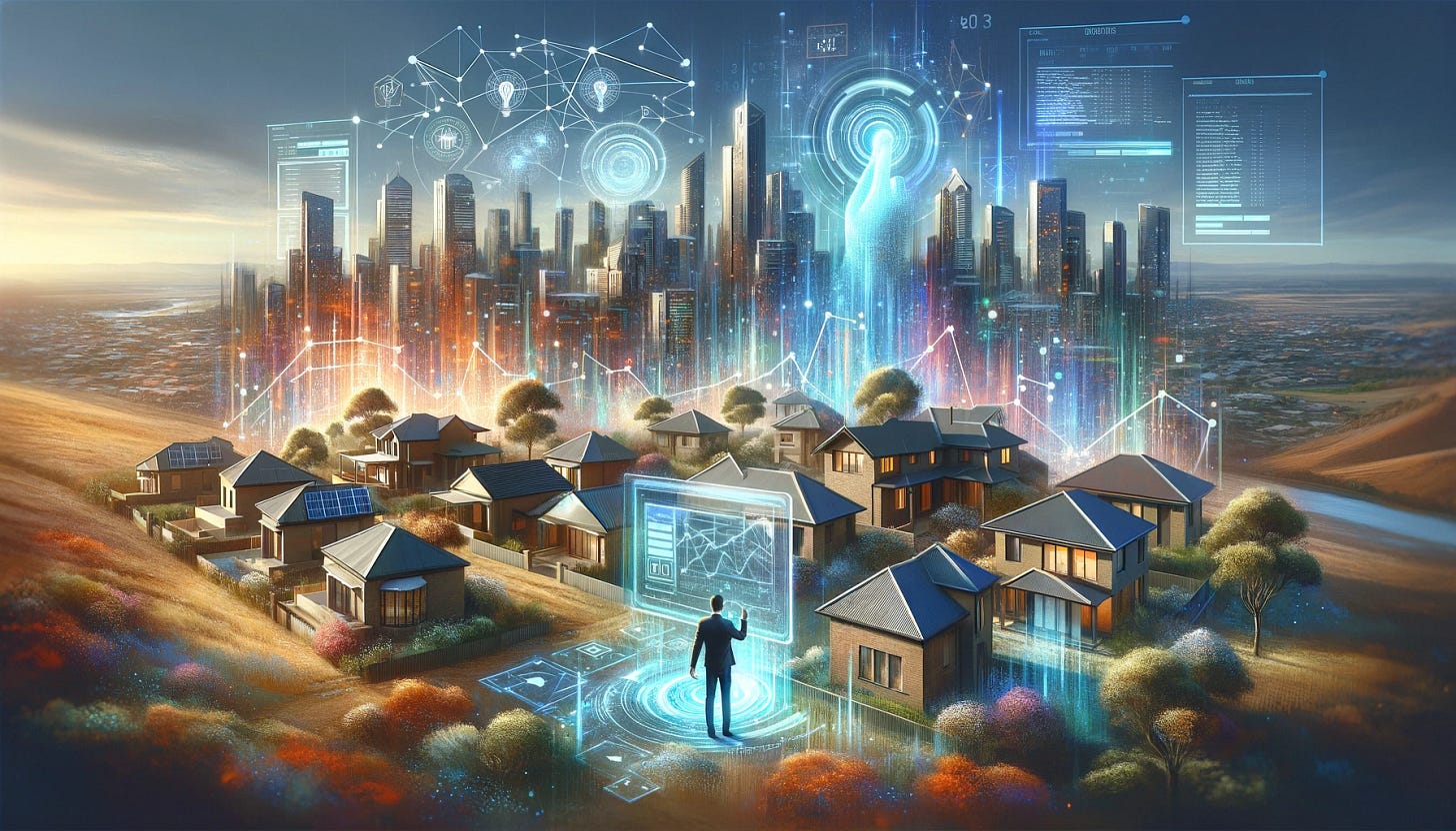 Create an abstract image that showcases the fusion of artificial intelligence with residential real estate in an Australian setting. The image should feature iconic Australian residential architecture, such as modern suburban homes with solar panels, set against a backdrop of a digital cityscape infused with AI elements like code streams and holographic displays. The agent, prominently in the foreground, should be interacting with advanced AI technology, perhaps through a holographic touchscreen showing house statistics. The color palette should include earthy tones blended with the blues and metallic colors to symbolize the blend of the natural Australian landscape with high-tech innovation.