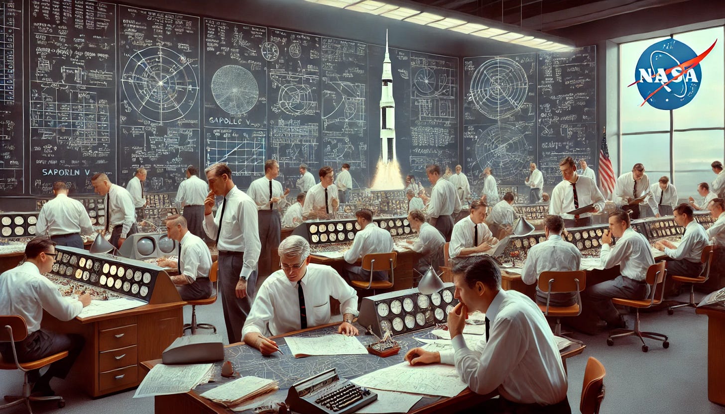 A realistic depiction of NASA engineers in the 1960s working intensely in a mission control room filled with retro-style computers, drafting tables, and chalkboards filled with complex mathematical equations and diagrams for sending a rocket to the Moon. Engineers are shown in white shirts, ties, and some with lab coats, collaborating on calculations, using slide rules, pointing to blueprints, and discussing technical details with serious and focused expressions. The atmosphere is intense and focused, reflecting the critical planning stages of the Apollo mission. The background shows a large wall-mounted screen displaying a model of a Saturn V rocket in its trajectory stages.
