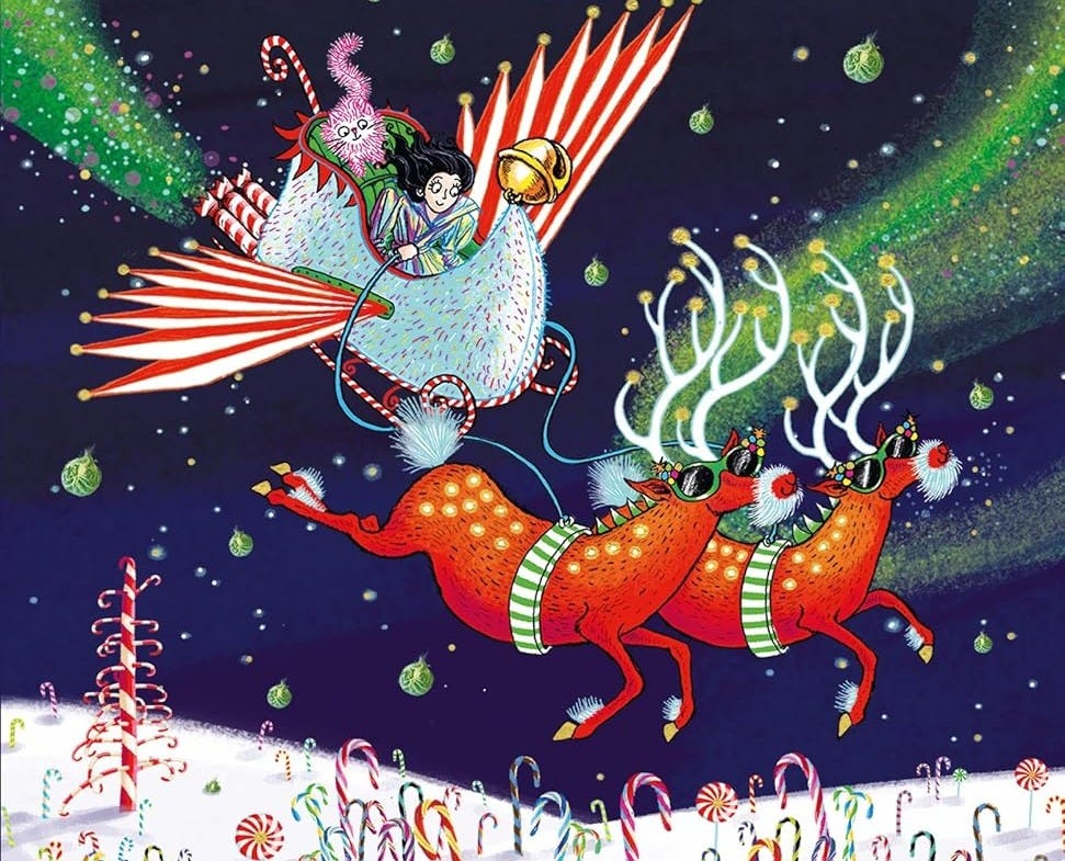 illustration of a girl and cat in a sleigh flying over snowy hills covered in candy canes with sprouts falling like snowflakes