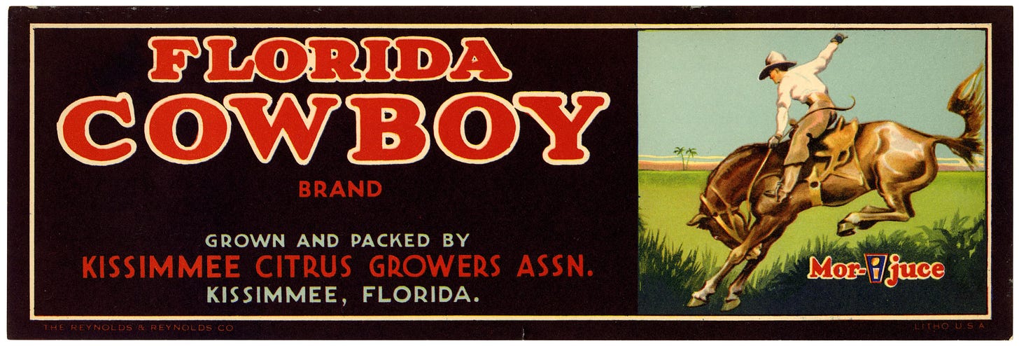 Citrus label with cowboy on horse.
