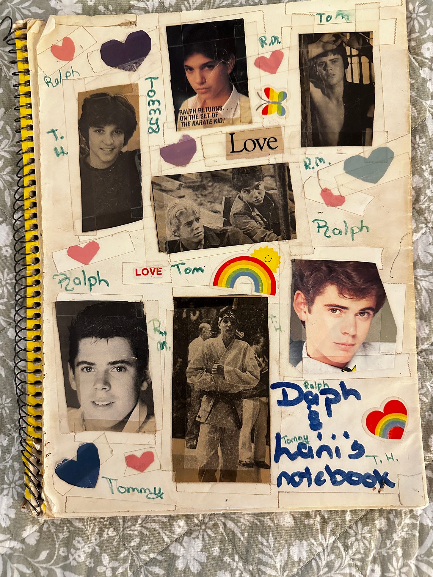 A tattered notebook covered with pictures of Ralph Macchio and C. Thomas Howell
