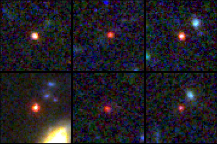 Pixelated images of six reddish dots against dark backgrounds.