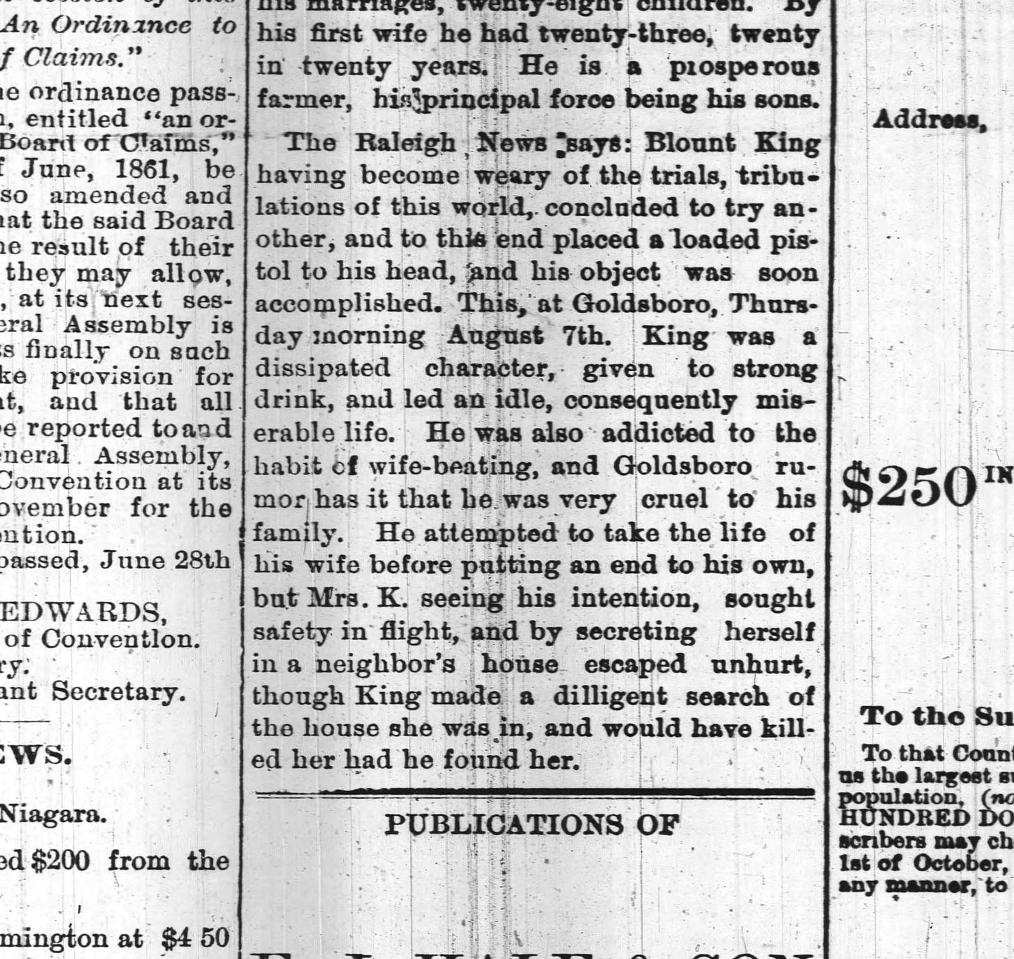 Newspaper clipping describing Blount King's suicide. 