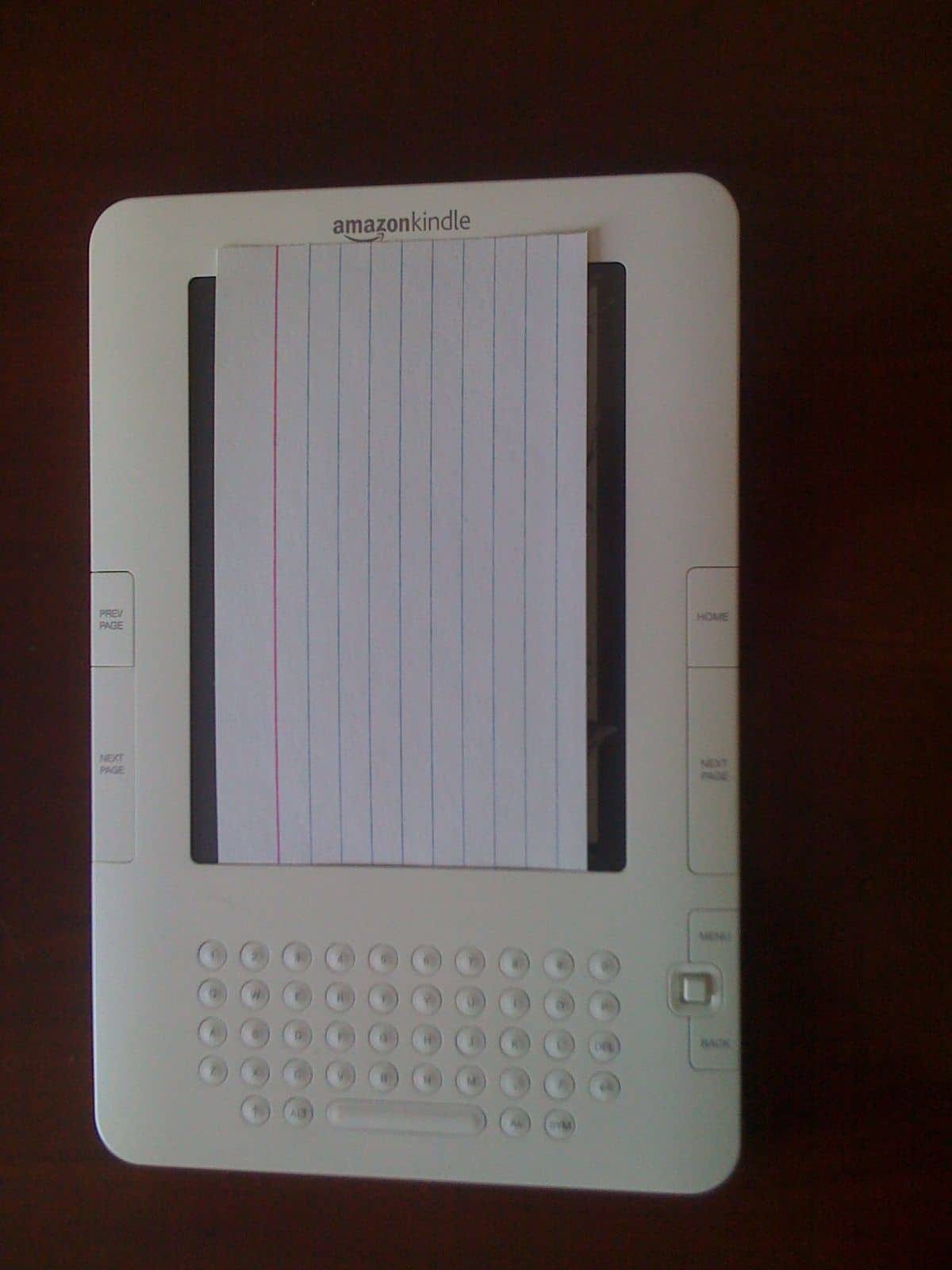 This shows the size of the Kindle 2's screen relative to a 2x5 notecard