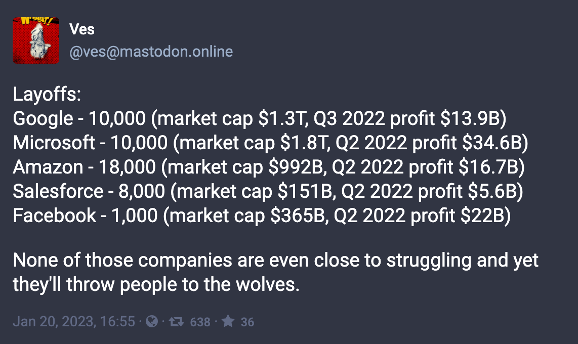 Toot by @ves@mastodon.online: “Layoffs:Google - 10,000 (market cap $1.3T, Q3 2022 profit $13.9B)Microsoft - 10,000 (market cap $1.8T, Q2 2022 profit $34.6B)Amazon - 18,000 (market cap $992B, Q2 2022 profit $16.7B)Salesforce - 8,000 (market cap $151B, Q2 2022 profit $5.6B)Facebook - 1,000 (market cap $365B, Q2 2022 profit $22B)  None of those companies are even close to struggling and yet they'll throw people to the wolves.”