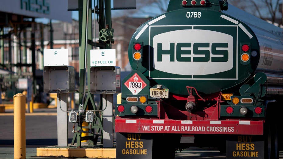 A Hess truck sits at a fueling station at the company's petroleum terminal in Bogota, N.J.