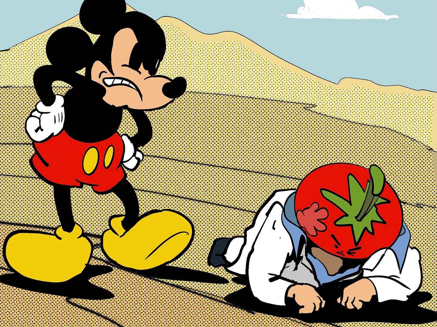 Dana White crawls away from a slap to the face delivered by Mickey Mouse.