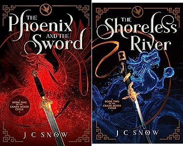 The Crane Moon Cycle book covers, showing fantasy decorations and swords.