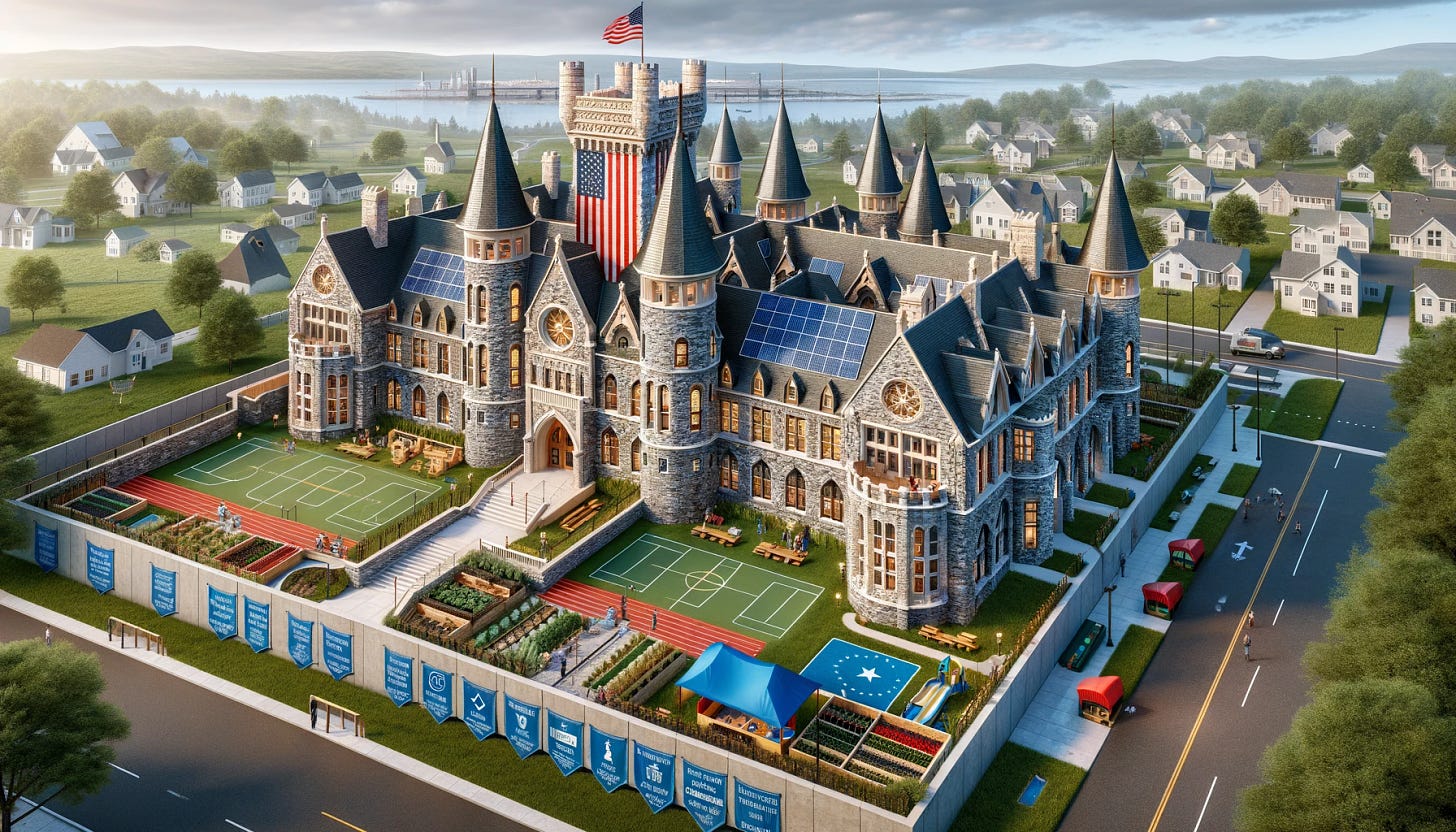 An American elementary school uniquely combines the architectural features of a medieval-era European castle with contemporary educational elements. The school boasts classic castle components like stone walls, towering turrets, and a grand arched entrance, reminiscent of historic European castles. However, it's equipped with modern facilities such as solar panels on the roofs, a smart classroom technology inside, and an inclusive playground. The school's design incorporates American flag and educational banners that blend the historical with the modern, celebrating both the rich history of medieval Europe and the innovative spirit of American education. The landscape around the school includes a sports field, a vegetable garden, and outdoor learning areas, promoting a holistic educational approach.
