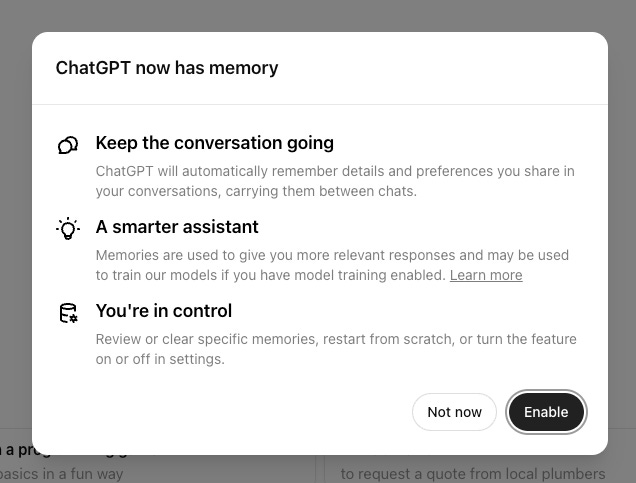 Screengrab of ChatGPT notification informing me 'ChatGPT now has memory'