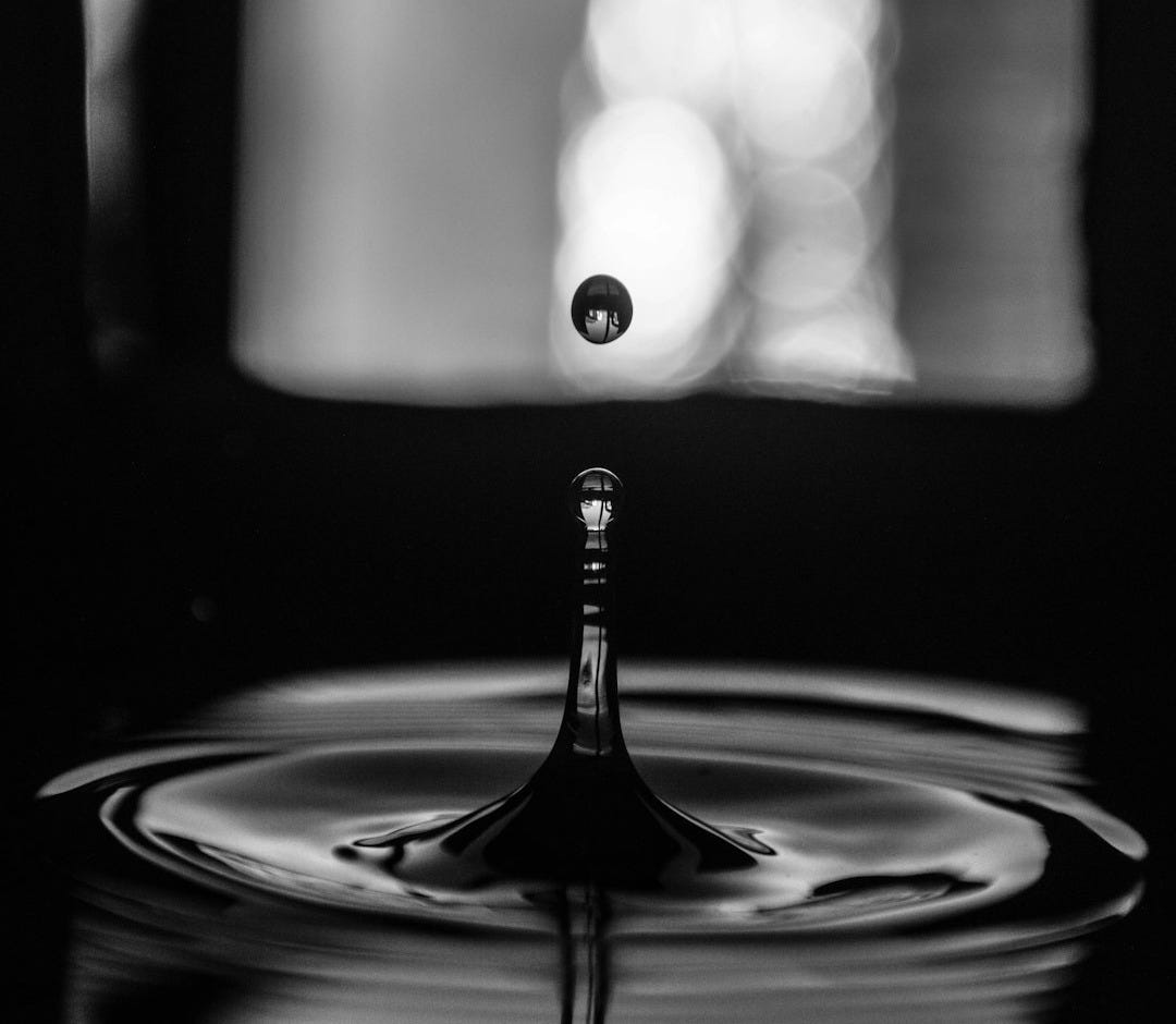 grayscale photo of water drop