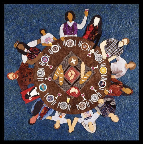 A quilted image of people of all races sitting around a table before communion-style settings, sharing the table together