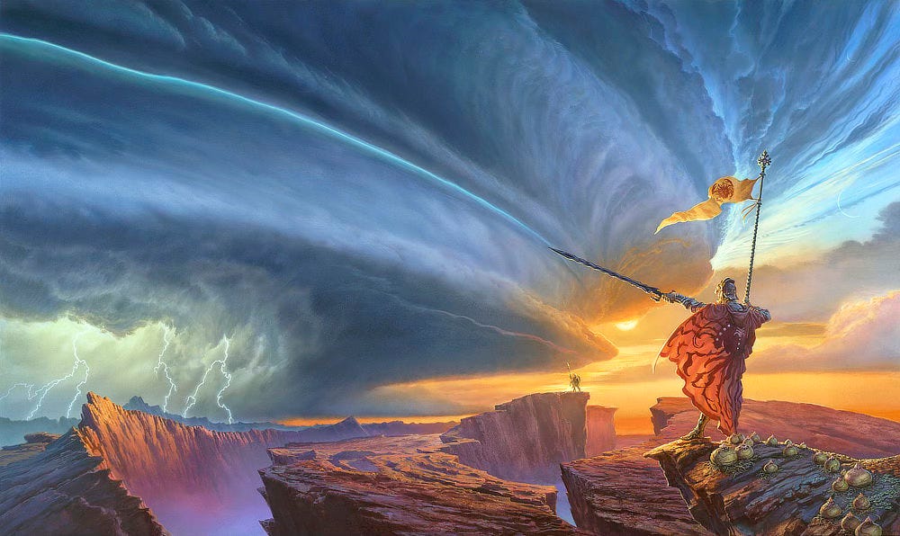 A cloaked and armored figure raises his sword in salute to a tiny figure in the distance separated by a chasm of broken earth shrouded by mist. A massive storm cell winds gray and blue across the sky intersecting the tip of the extended sword. A bright line of blue runs across the clouds as if etched by the unusual half-hilted, wavy blade. The orange cloak covering most of the figure (as viewed from behind) is decorated with a mass of wild crustacean arms ending in crescent claws. The icon on the pennant, flying tall on a pole held offhand, depicts a crab-like creature. The sky to the right of the storm is tinted warm yellow as the sun peeks out. A sliver of moon can be seen in a blue-sky break between the clouds. In the background left forks of lightning strike at the distant mountains on the horizon.