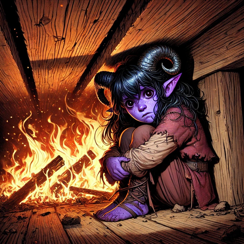 A detailed illustration of a young female Tiefling child with purple skin, black horns, and long black hair. She is hiding under wooden floorboards with an expression of fear and sadness as fire rages above her. The scene is dramatic, with flames and smoke seeping through the cracks, casting a warm and ominous glow around her. The child's clothing is tattered, and her surroundings are dimly lit, emphasizing the intense contrast between the fiery chaos above and her dark, shadowy refuge.