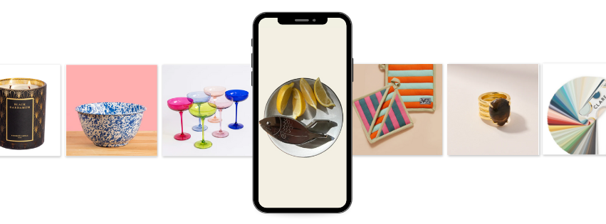 A colorful spread featuring vibrant glassware including multicolored martini glasses, blue floral patterned bowls, striped accessories, fish-shaped ceramic dishes, and unique jewelry pieces displayed against a pastel background with a smartphone centerpiece.