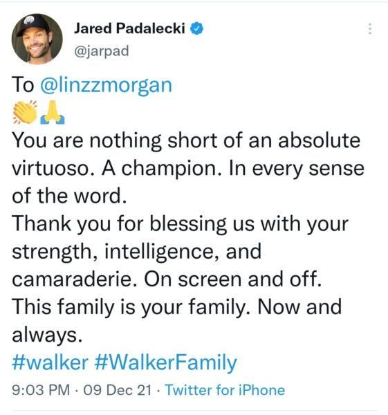 jared padaelcki tweet to lindsey morgan on walker 2.06 douglas fir