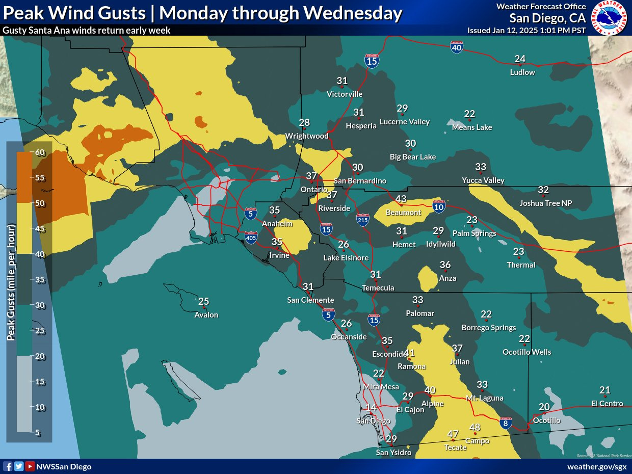 The National Weather Service in San Diego is forecasting windy conditions until Wednesday and issued a Red Flag Warning as San Diego County is under threat of wildfires. Courtesy image