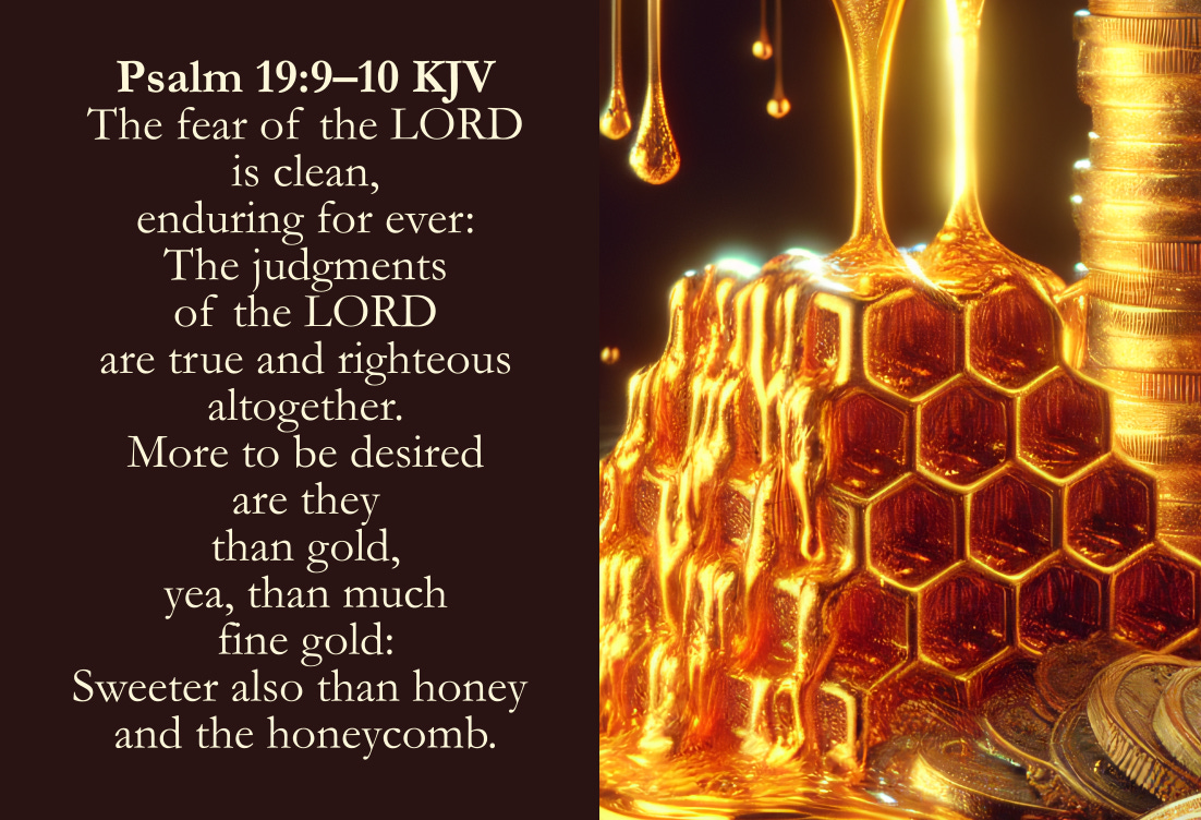 Psalm 19:9–10 KJV Cards - The fear of the Lord is clean, enduring for ever: The judgments of the Lord are true and righteous altogether. More to be desired are they than gold, yea, than much fine gold: Sweeter also than honey and the honeycomb. 