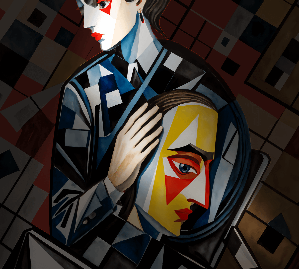 The abstract digital image by author, titled "Therapist's Delight," depicts a stylized human figure with geometric patterns and contrasting colors. The subject's face is divided into light and dark halves, with the light side featuring blue and gray checkered patterns and the shadowed side in solid black with a striking red eye.  The figure's hand is pressed against their chest, fingers splayed, revealing a bright yellow angular shape underneath, possibly representing the heart or inner self. The bold, fragmented forms and dramatic color contrasts create a sense of inner turmoil, duality, or conflicting emotions.  Visually, the piece combines cubist and art deco aesthetics, using strong lines, angles, and a limited palette to create a impactful, somewhat mysterious composition. The segmented background in muted red and gray tones adds depth and enhances the overall mood.