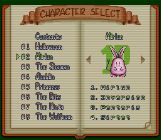 A screenshot of the character select screen from the unofficially translated release of Tetris Battle Gaiden. All eight character names are displayed on the left on a screen that looks like the interior or a book. The right page has an image of the highlighted character, as well as a list of their four powers.