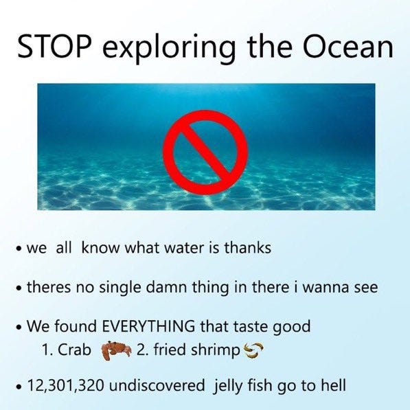 Meme that says "STOP exploring the ocean" with bullet points that read "we all know what water is thanks" "there's no single damn thing in there i wanna see" "we found everything that taste good 1. crab 2. fried shrimp" "12,301,320 undiscovered jelly fish go to hell"