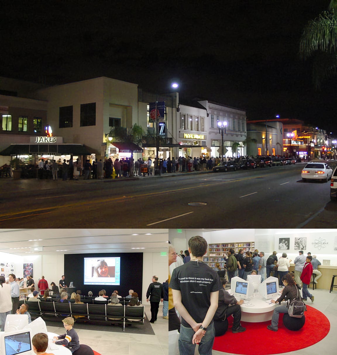 Three grand opening photos of Apple Pasadena depicting the outdoor queue, Theater seating inside, and kids area.