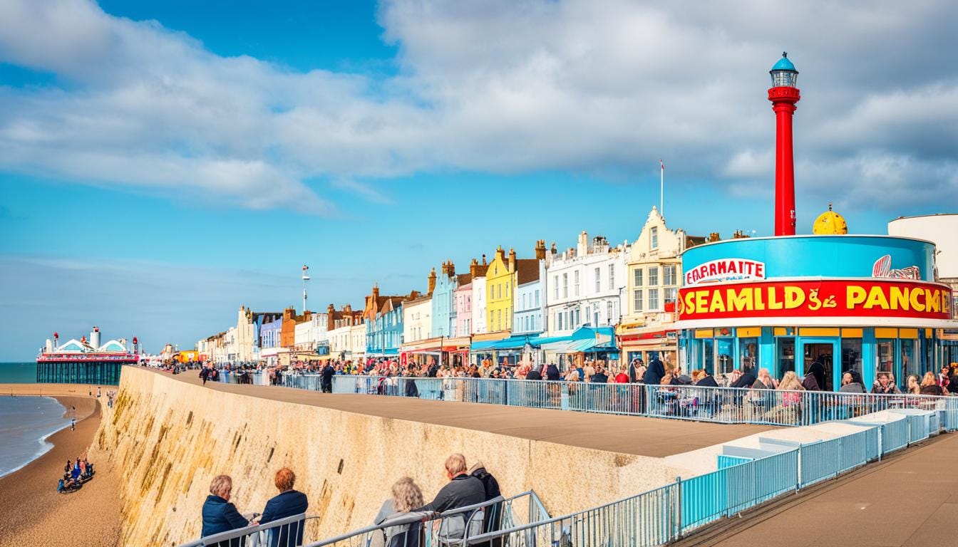 Margate - colourful houses and a pier at the seaside with people walking around