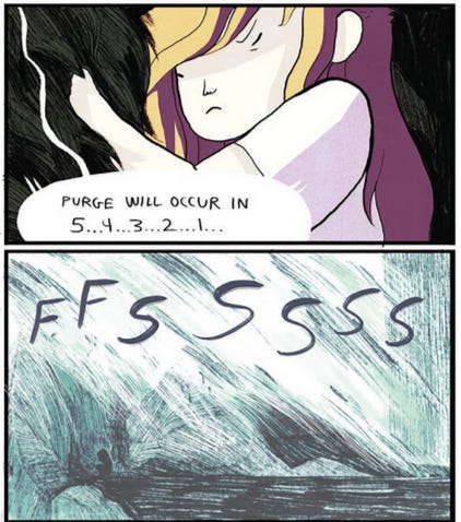 Two frames from the comic, showing child Nimona clinging to the dark fur of the dragon form as the countdown sounds: "Purge will occur in 5...4...3..2...1...". Their shapes are then obscured by a white substance that is meant to probably incinerate them.