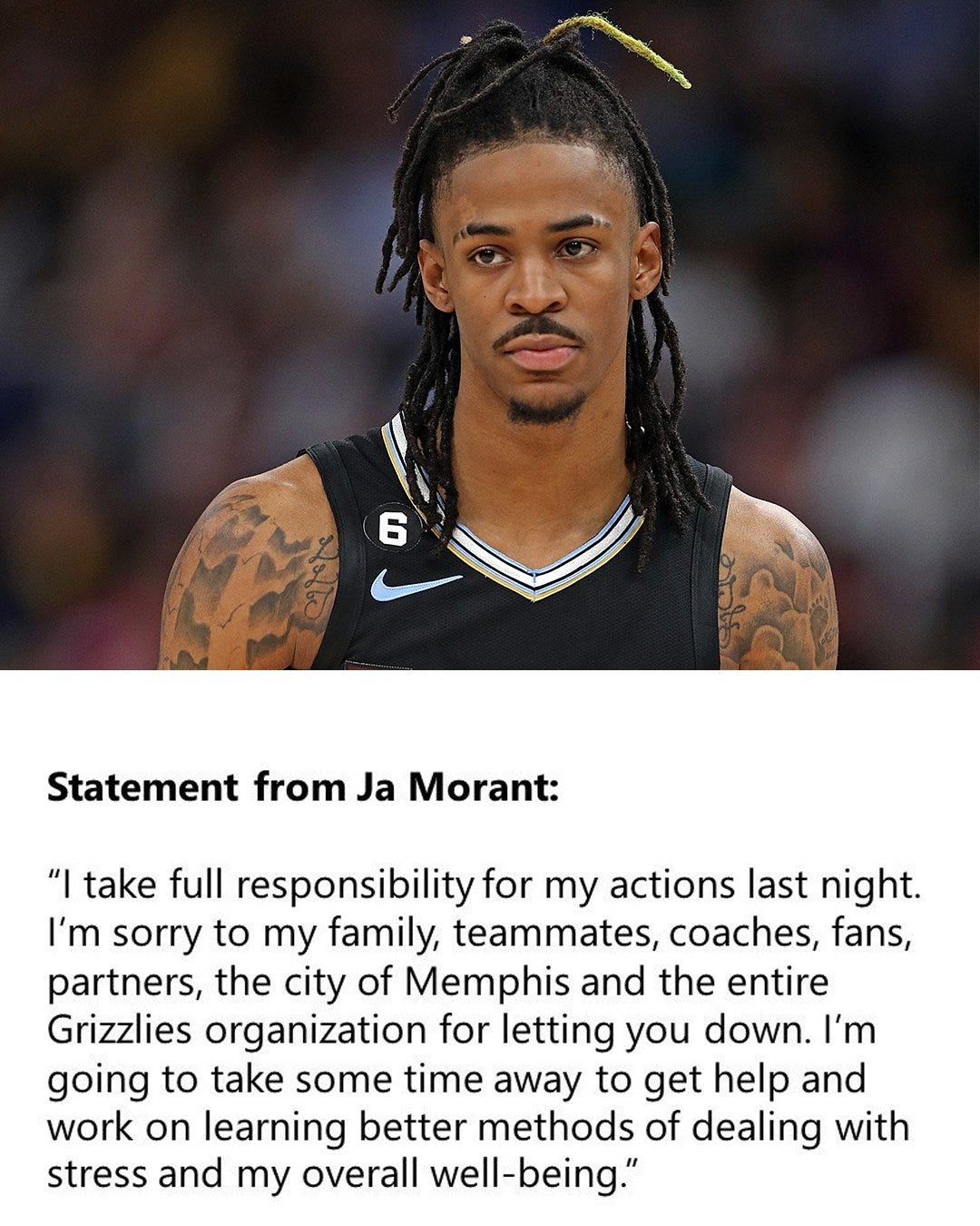 ESPN on Twitter: "Ja Morant released a statement following the Grizzlies'  announcement that he will be away from the team for at least the next two  games. The NBA is currently investigating