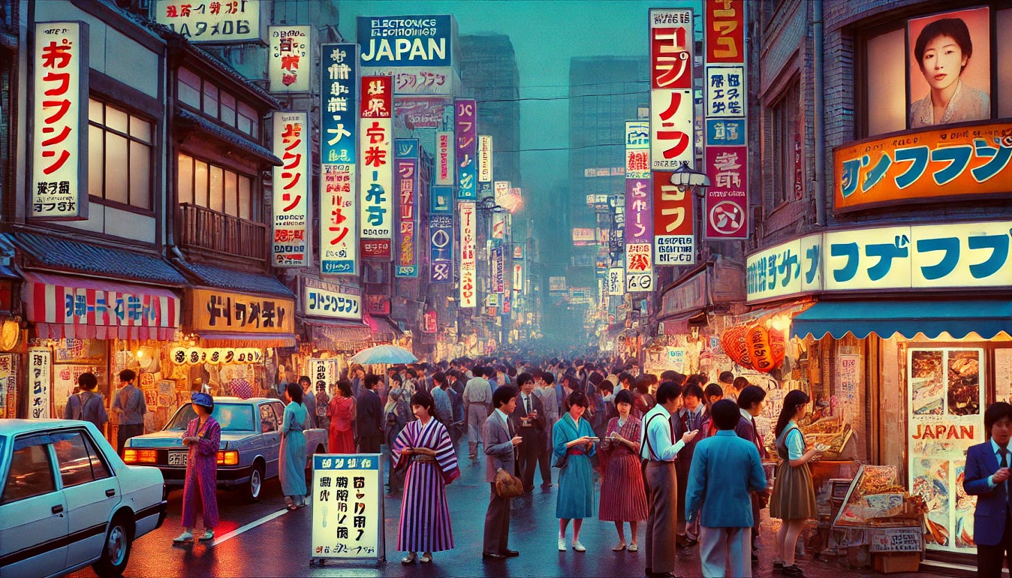 A vibrant street scene in Japan during the 1980s, showcasing the euphoria of the era. Neon lights and billboards in Japanese characters illuminate the busy street filled with people dressed in colorful, retro fashion. There are shops with large display windows, showcasing electronics, fashion, and music stores. Vintage cars and motorcycles are parked along the street. People are seen laughing, talking, and enjoying street food. The atmosphere is lively and energetic, capturing the essence of Japan's economic boom and pop culture during the 80s.