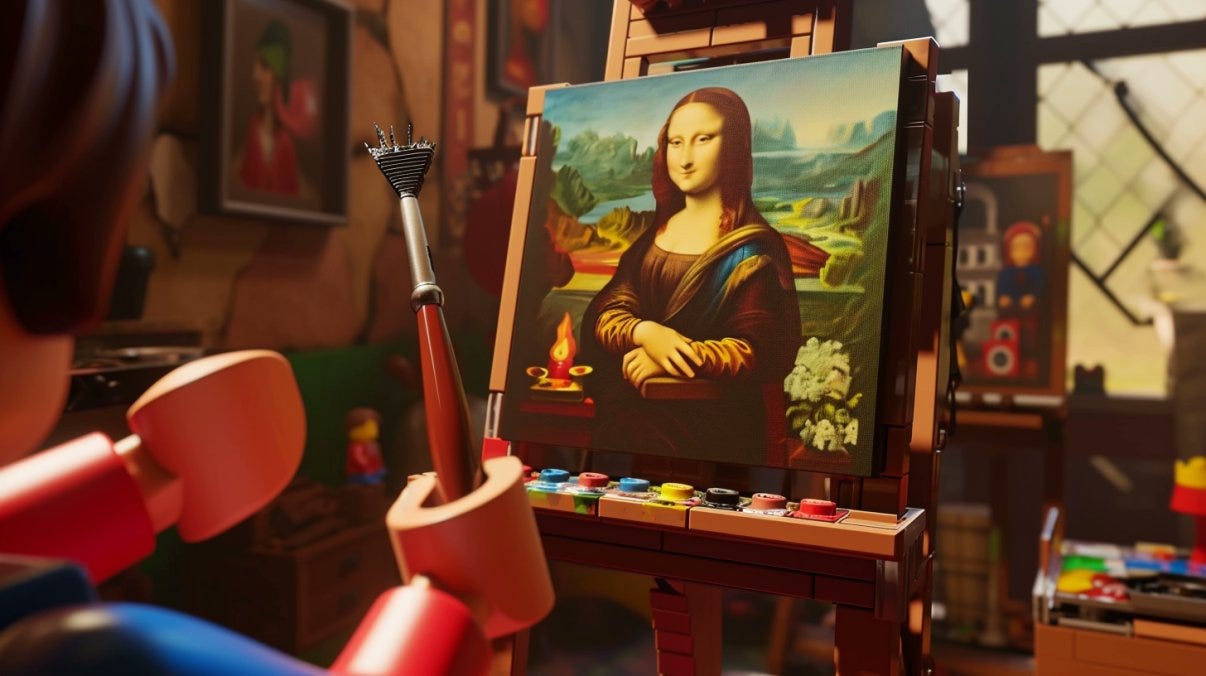 A photo from first person POV | a painter painting the Mona Lisa in a LEGO brick world | capturing the character's hands holding a paintbrush, with LEGO bricks forming the easel, canvas depicting a LEGO version of the Mona Lisa, and an art studio setting | from the angle --ar 16:9 --s 10 --v 6.0