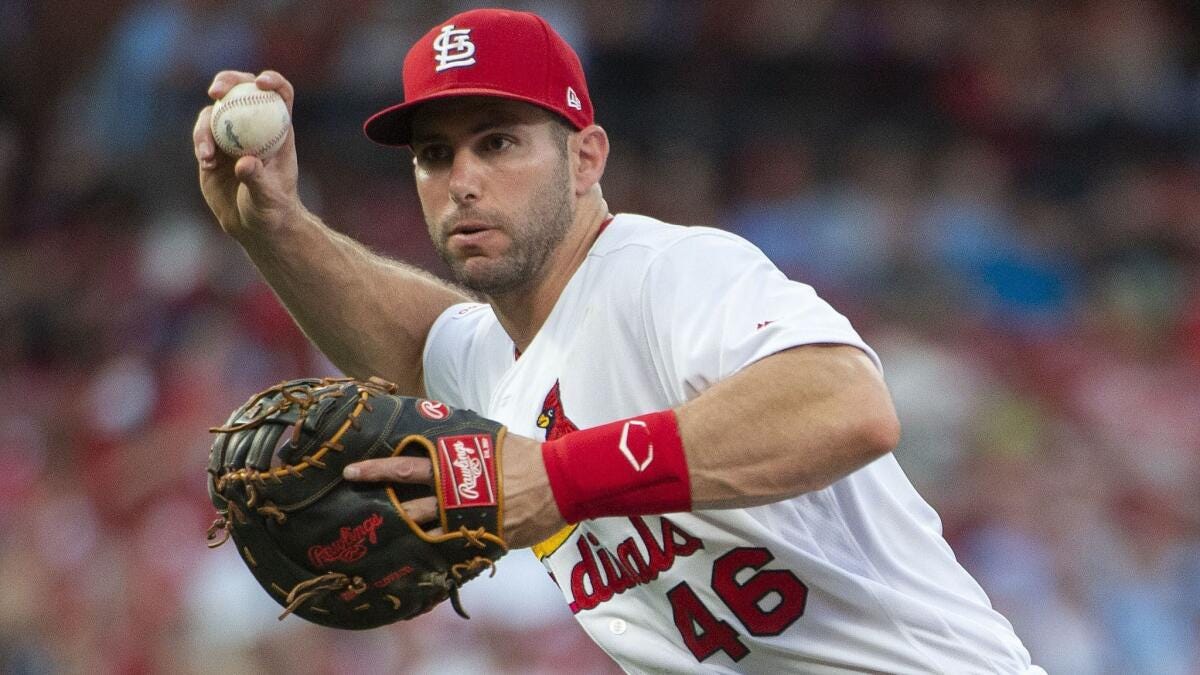 Cardinals first baseman Paul Goldschmidt prepares to throw to a pitcher covering the bag during a game against the Marlins on June 18.