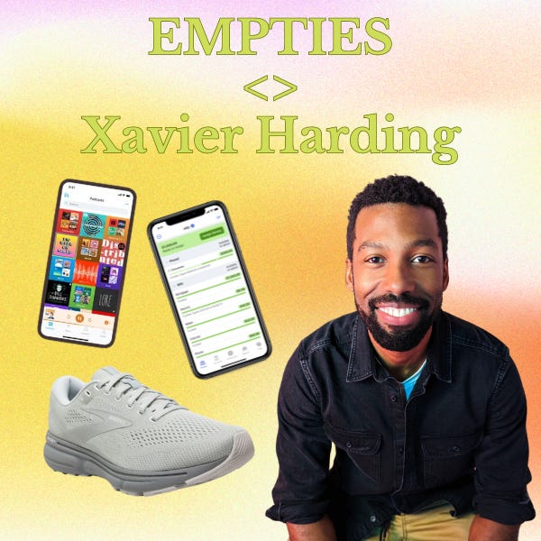 headshot of xavier harding, a white running shoe, and two iphones on a gradient background