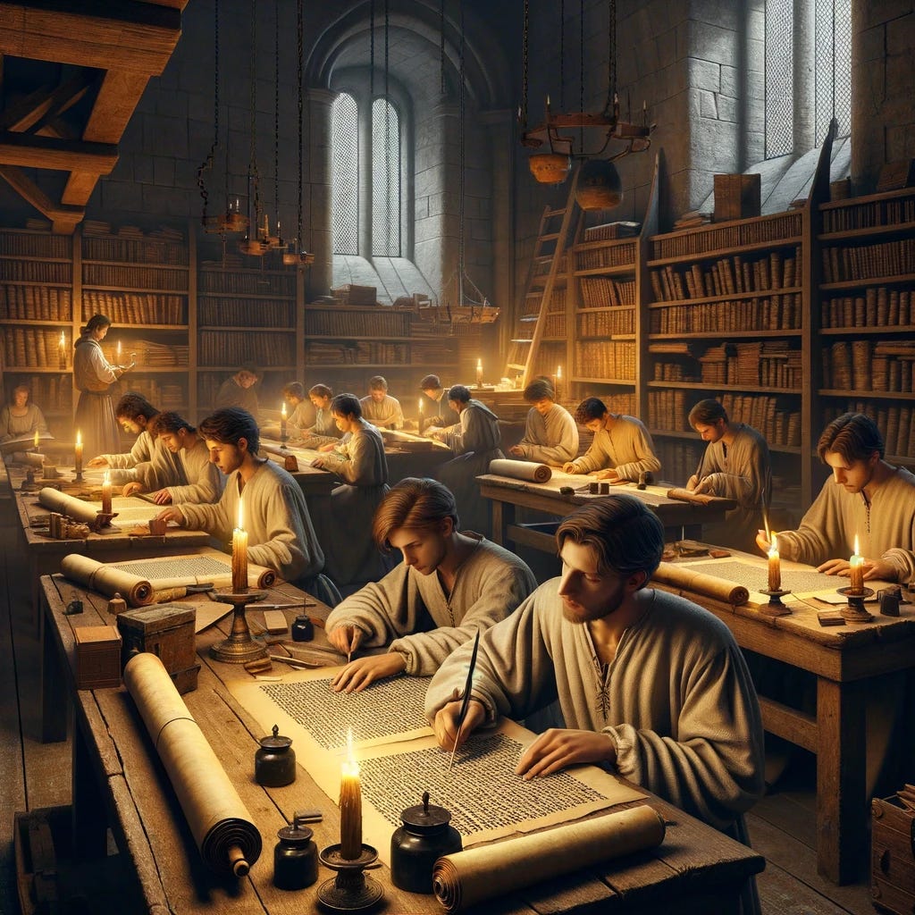 A medieval scene depicting dedicated apprentices diligently correcting scrolls in a candlelit scriptorium. The room is filled with wooden desks and shelves loaded with ancient texts. Several young apprentices, dressed in simple medieval robes, are focused on their tasks, using quills and ink pots. The atmosphere is studious and quiet, illuminated by flickering candlelight, which casts shadows on the stone walls. Some apprentices are seated, while others stand, reviewing large scrolls spread across the desks.