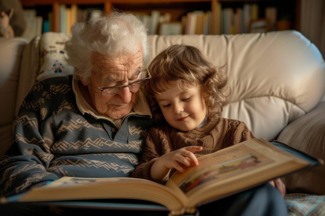 Grandpa reads to child