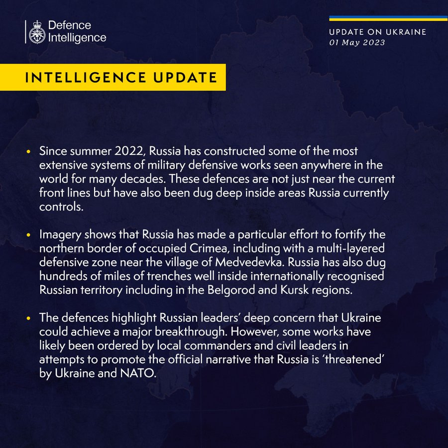 Latest Defence Intelligence update on the situation in Ukraine - 01 May 2023.