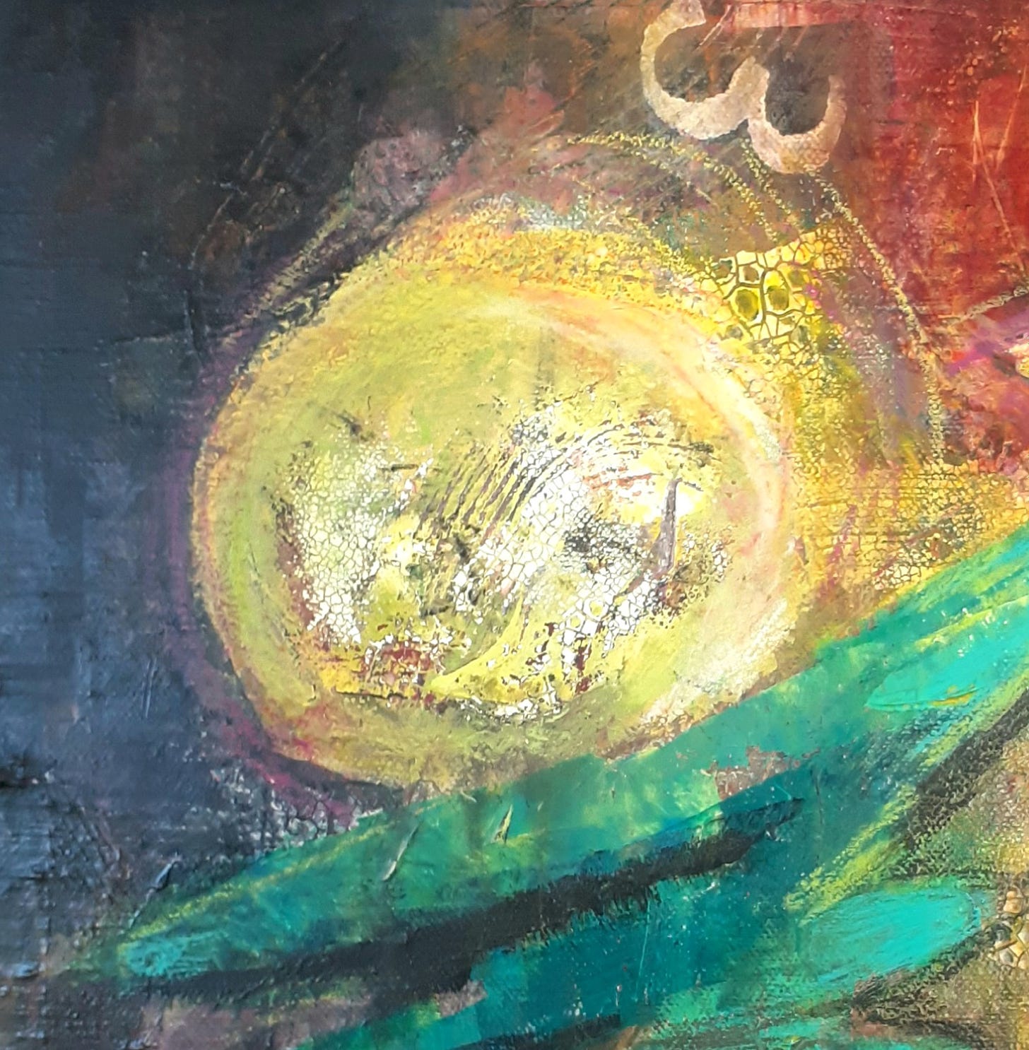 Mixed Media painting of a yellow orb on textured background