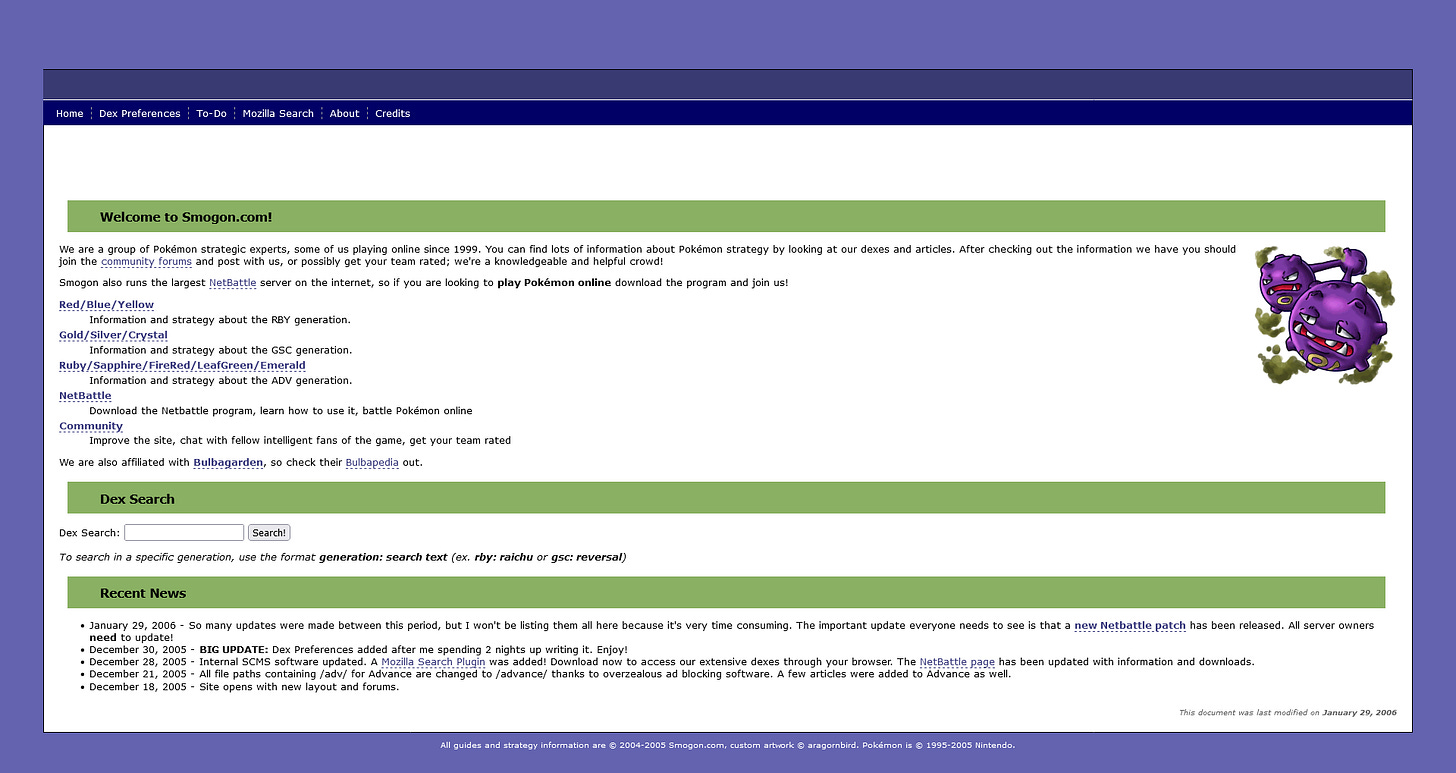 Smogon’s website layout in July 2006