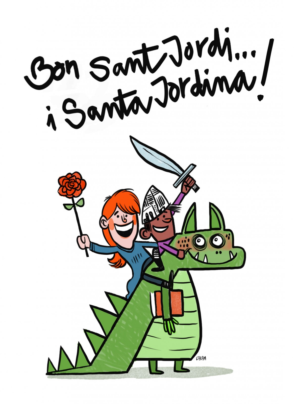 Illustrazione di un drago sorridente che tiene un libro sopra la zampa: sopra di lui, una bambina dai capelli rossi stringe una rosa rossa e un bambino con un cappellino di carta tiene una spada. Sopra l’immagine, la scrittua Bon Sant Jordi… i Santa Jordina! Illustrazione di un drago sorridente che tiene un libro sopra la zampa: sopra di lui, una bambina dai capelli rossi stringe una rosa rossa e un bambino con un cappellino di carta tiene una spada. Sopra l’immagine, la scrittua Bon Sant Jordi… i Santa Jordina!