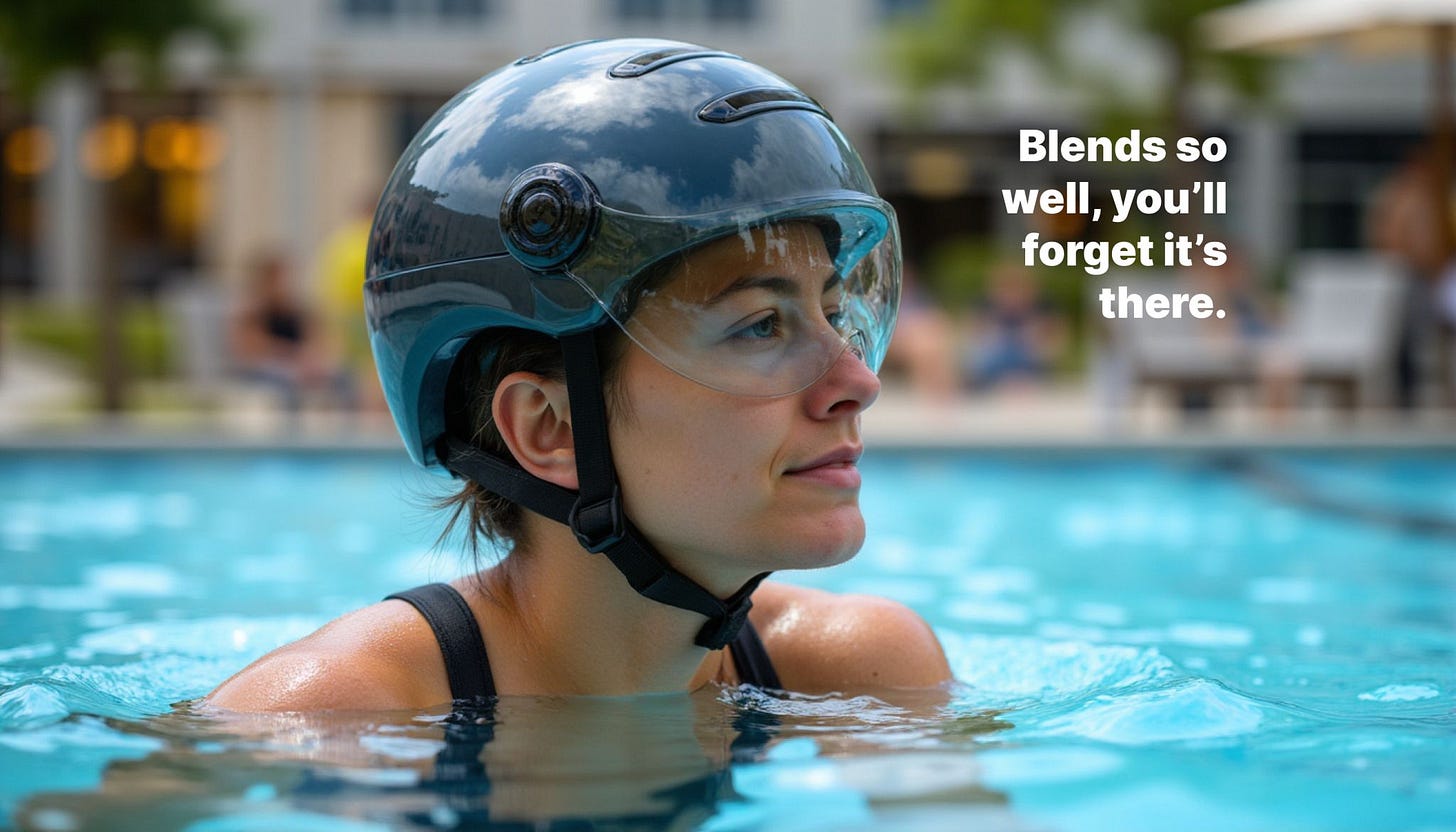 Une femme a la piscine avec son casque de velo