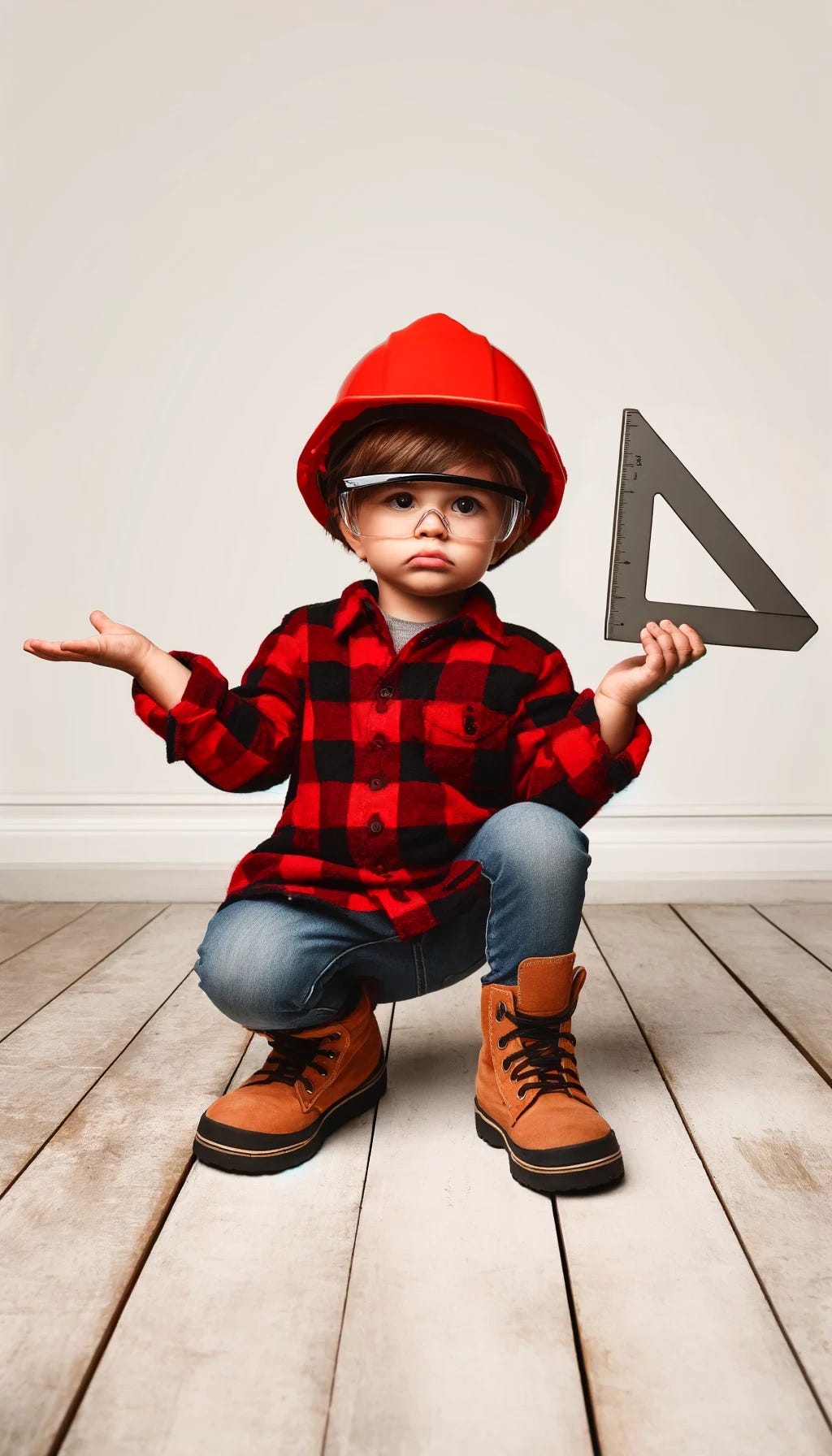 A pre-school aged boy wearing a red and black flannel shirt, blue jeans, work boots, a hard hat, and safety glasses. He is holding up a triangle-shaped grey, metal speed square with a confused look on his face.