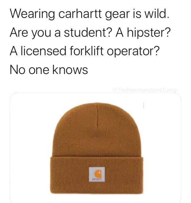 Wearing carhartt gear is wild. Are you a student? A hipster? A licensed forklift operator? No one knows TheNewloundland Tumip